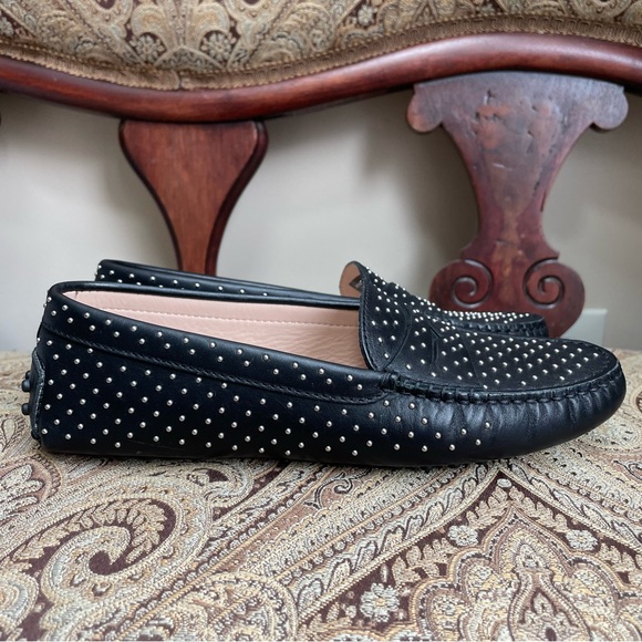 Tod’s Gommino Micro Borche Black Leather Silver Stud Driving Shoes Size 6.5 COA - Picture 2 of 10